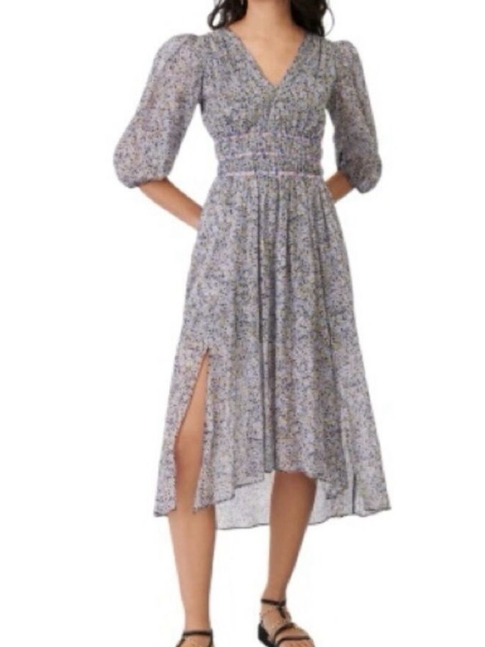 Maje Rilota Floral Shirred Open Back Cotton Voile Midi Dress